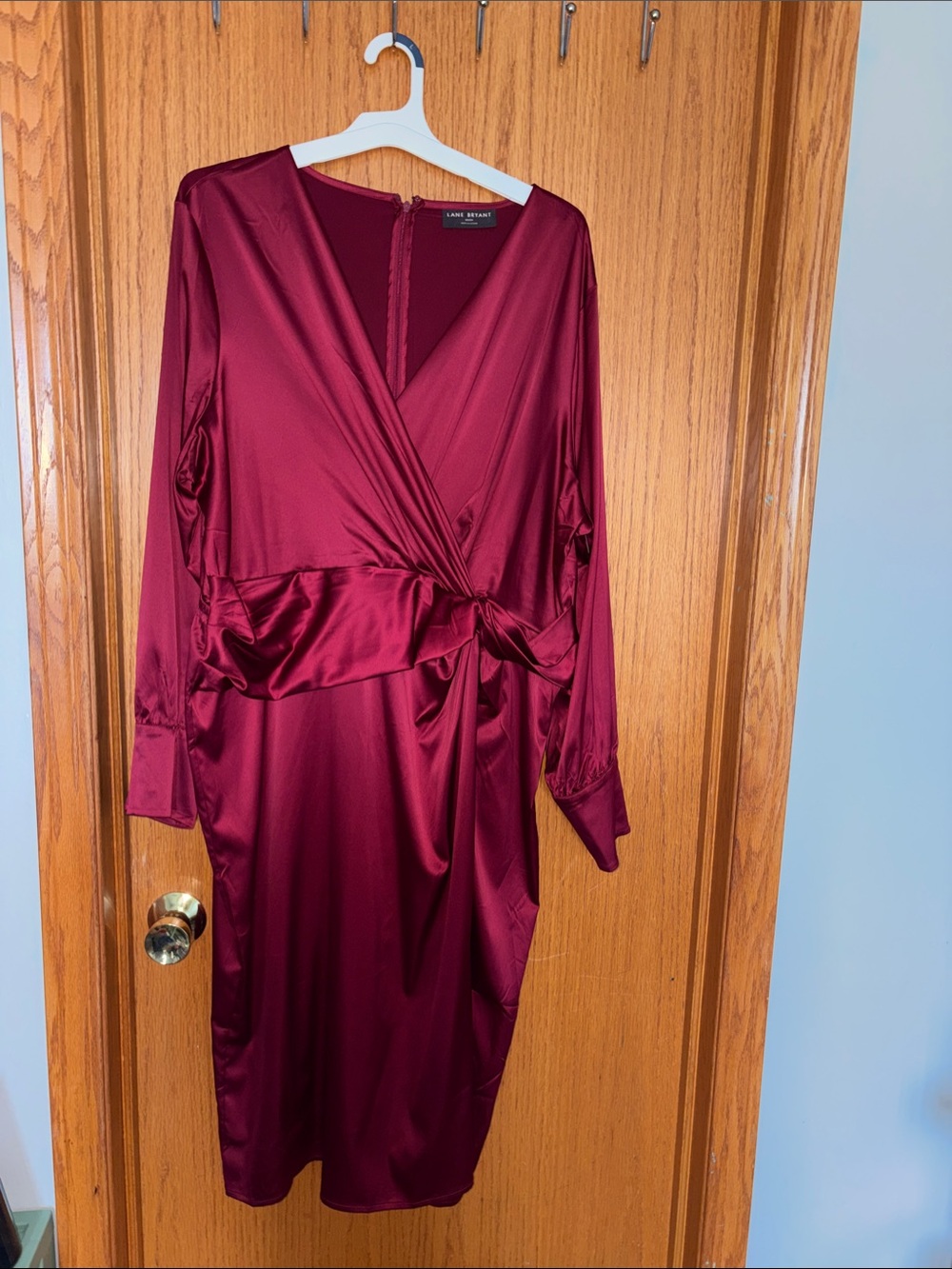Lane Bryant Wine Satin Wrap-Style Long Sleeve Dress